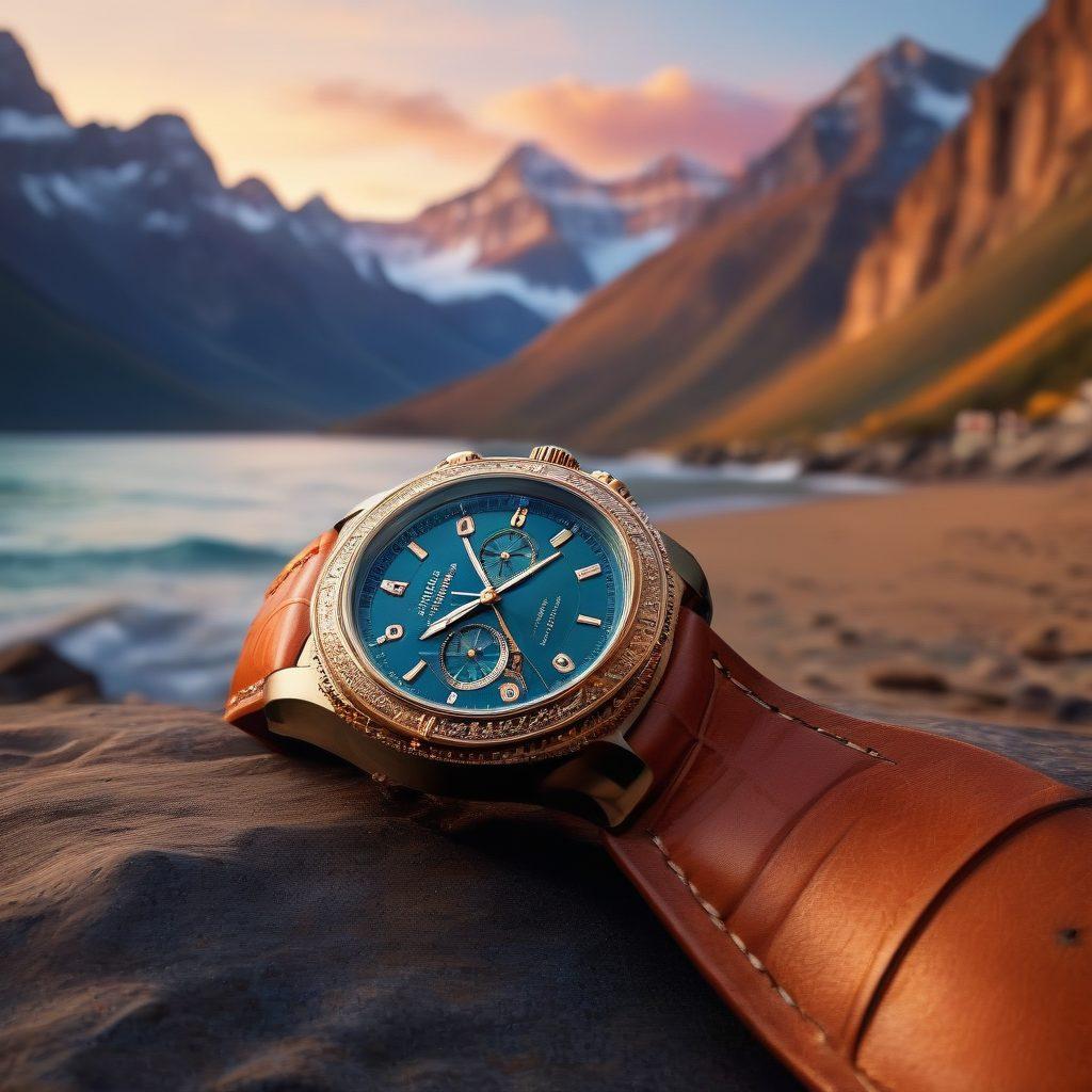 A luxurious watch adorned with intricate details, set against a breathtaking landscape of mountains and pristine beaches. Include elements of adventure, such as a compass and hiking gear nearby, blending seamlessly with the elegance of the timepiece. The sky is vivid, suggesting a dawn or dusk moment filled with possibilities. super-realistic. vibrant colors. high contrast.