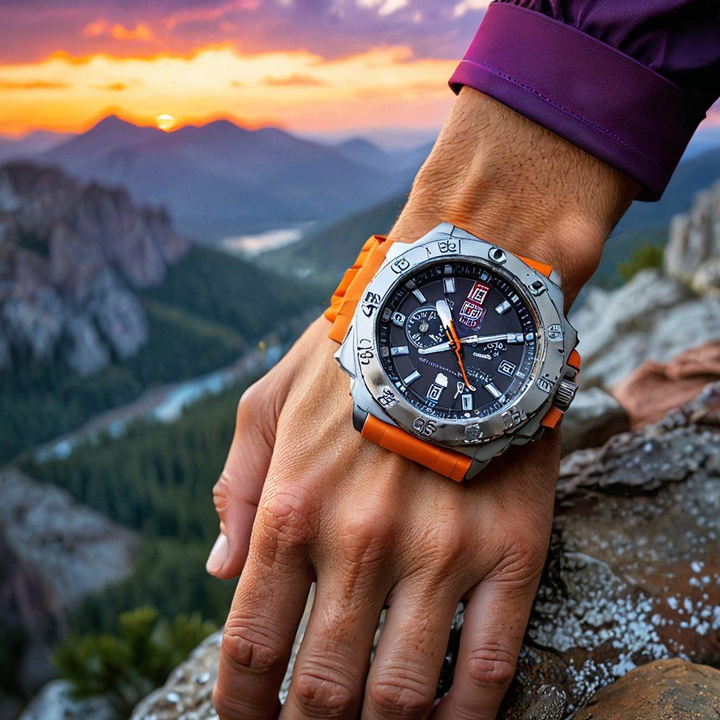 A breathtaking mountain landscape at sunrise, featuring a close-up of a rugged Luminox watch on a climber's wrist as they scale a rocky cliff. In the background, a vibrant sky paints the horizon with shades of orange and purple while a majestic eagle soars above. The scene captures the essence of adventure and durability, with elements of nature representing the spirit of an active lifestyle. super-realistic. vibrant colors. dramatic lighting.