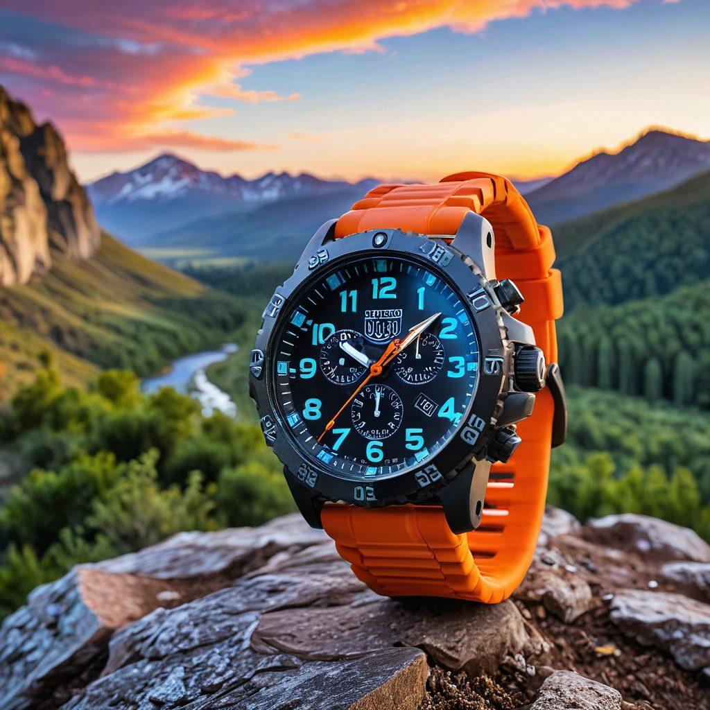 A stunning mountain landscape at sunrise, showcasing a Luminox watch prominently in the foreground with its illuminating features highlighted. A hiker in stylish adventure gear admires the view, emphasizing the harmony between luxury and adventure. The scene should radiate a sense of tranquility and excitement, with lush greenery and a clear blue sky. super-realistic. vibrant colors. natural lighting.